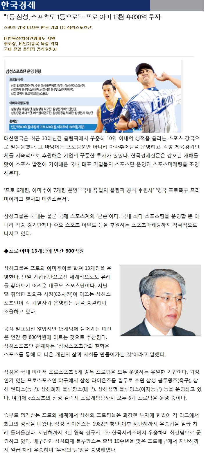 "1등 삼성, 스포츠도 1등으로"…프로·아마 13팀 年800억 투자