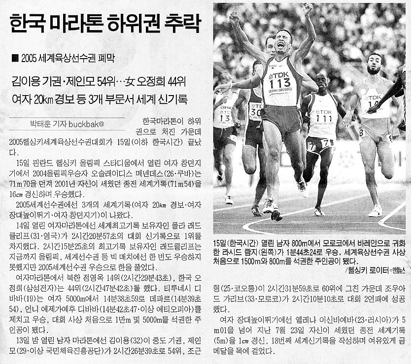 2005 세계육상선수권 폐막, 한국 마라톤 중하위권 추락