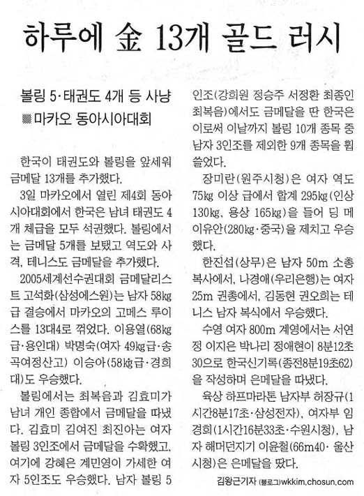 <동아대회> 한국, 하루에 金 13개 골드 러시